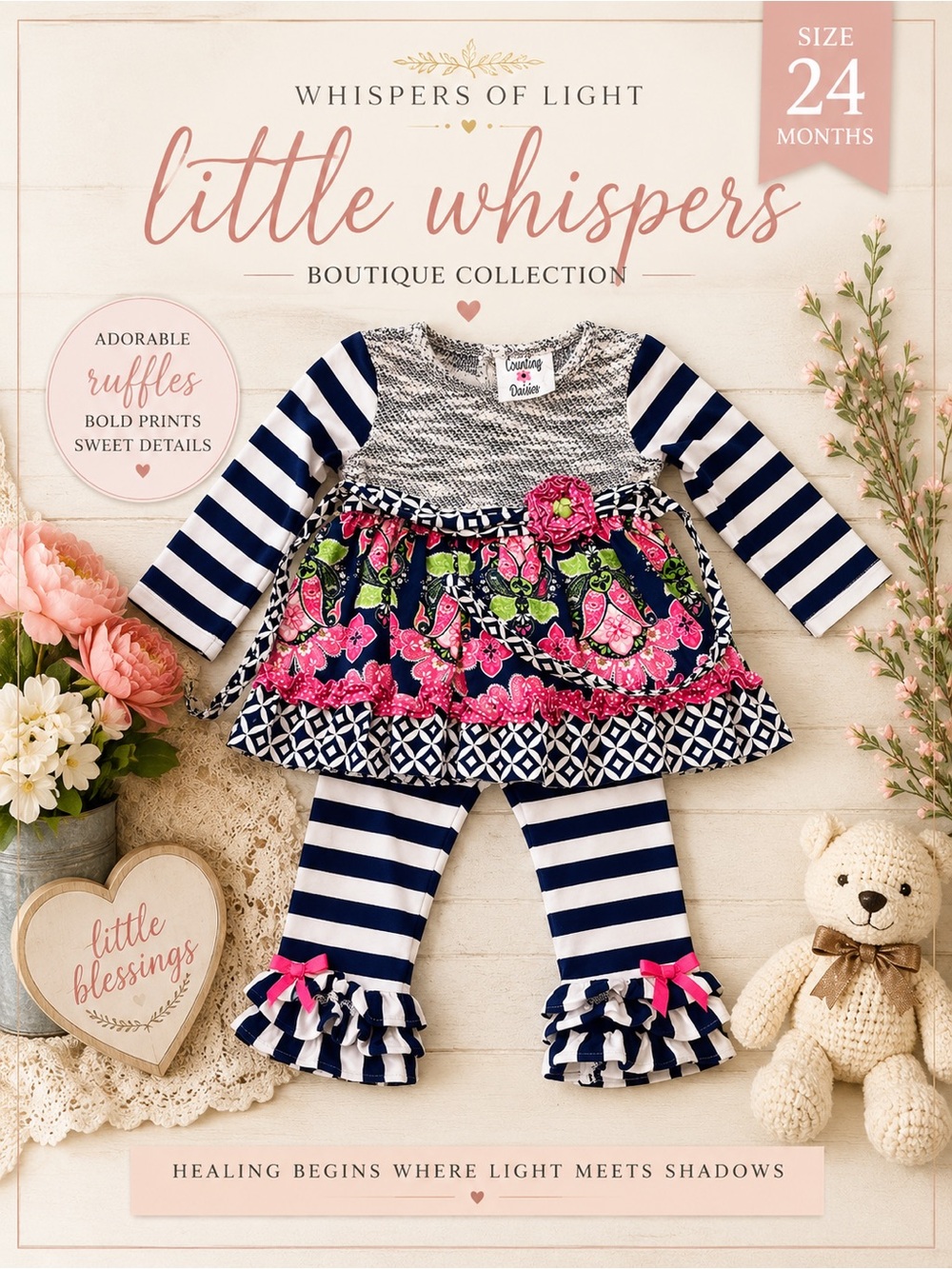 Little Whispers Navy & Hot Pink Floral Ruffle Leggings Set Counting Daisies Girl